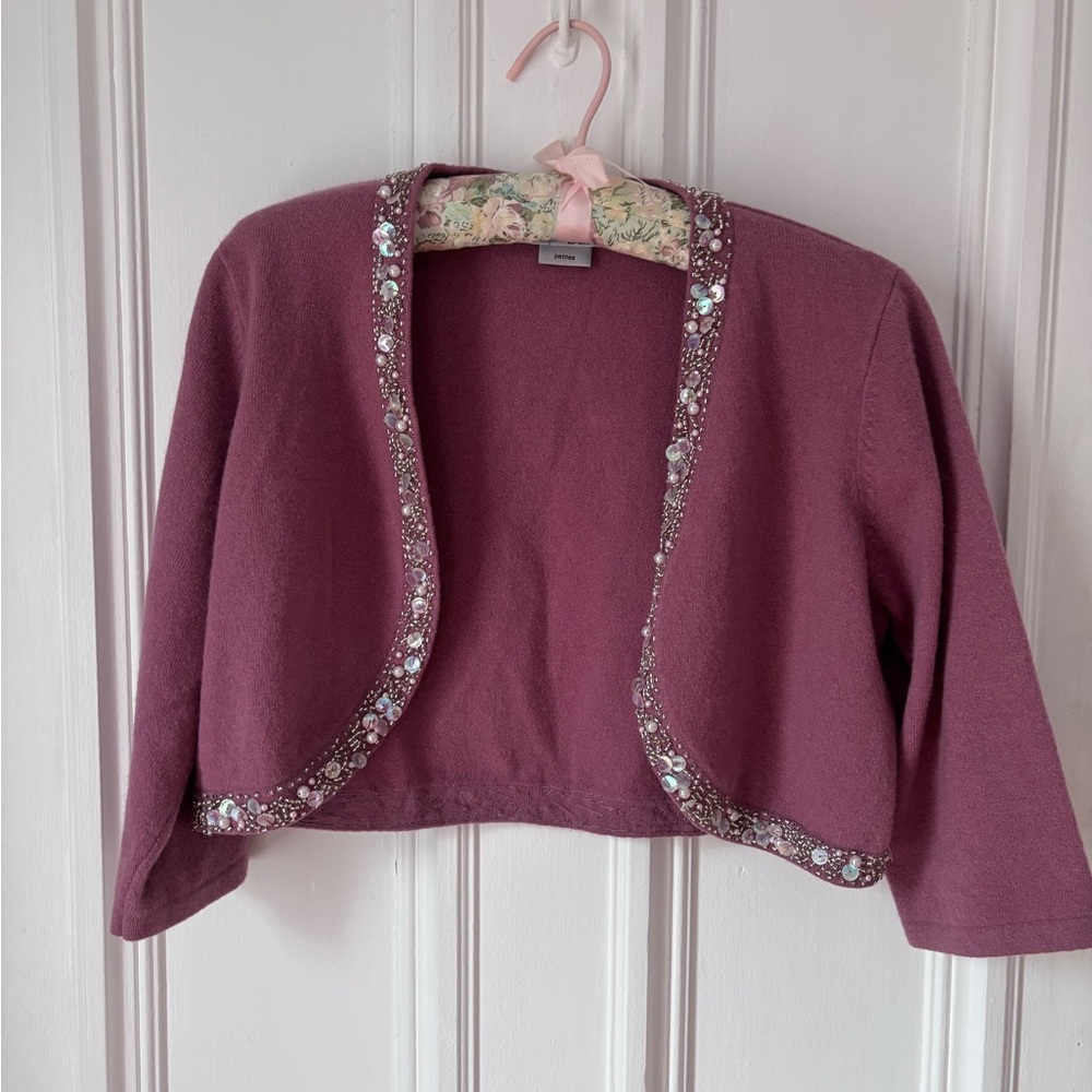 Women’s Basque Petites 3/4 Sleeve Angora Lambswool Sequined Shrug Sweater L